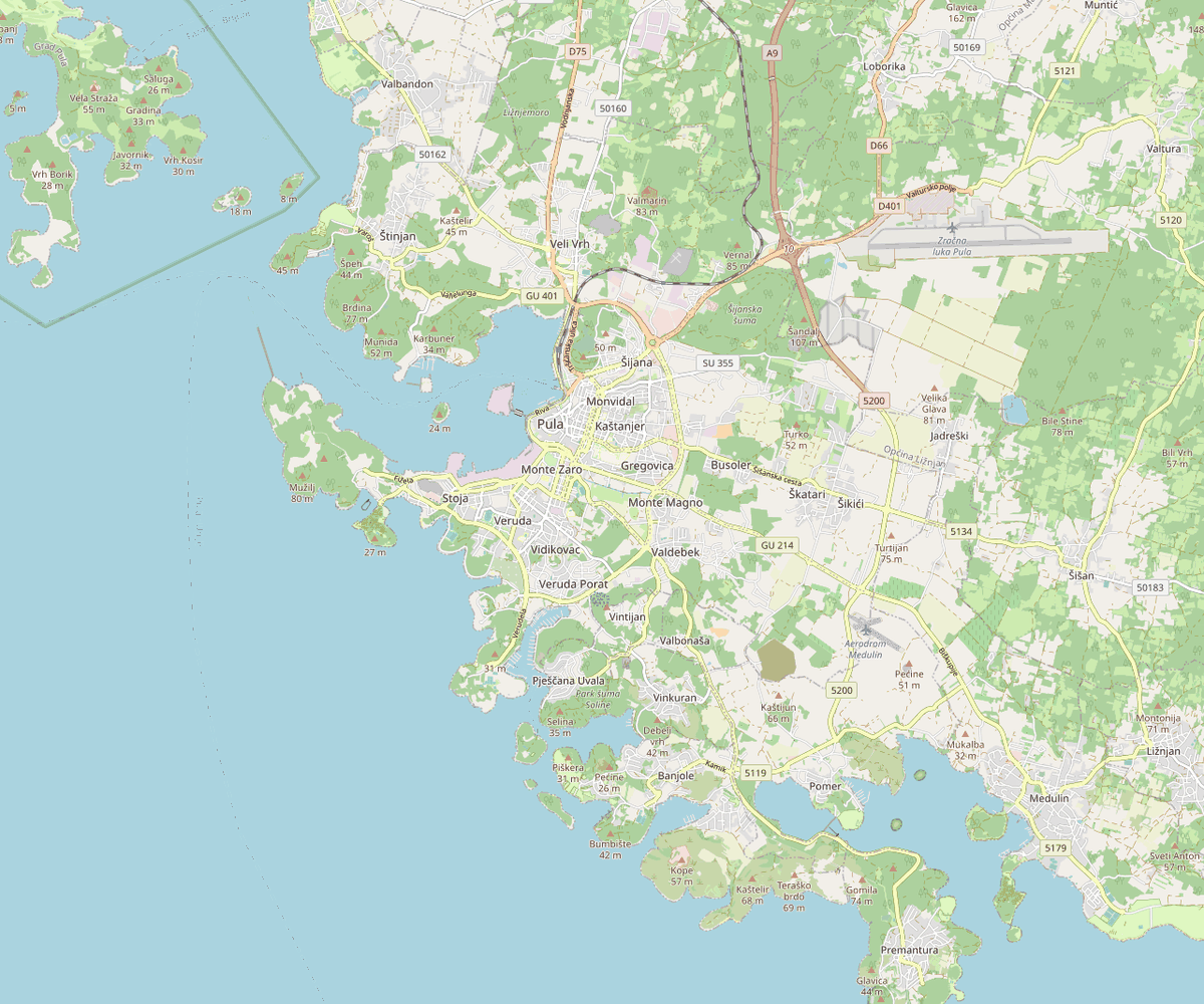 Map of the Pula area showing Apartments Zanini in Pješčana Uvala